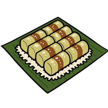 Vector cartoon illustration of traditional Indonesian kue putu rice cakes served on a banana leaf