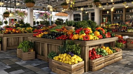 Obraz premium Vibrant Farmers Market Display with Fresh Produce, Colorful Vegetables and Inviting Atmosphere