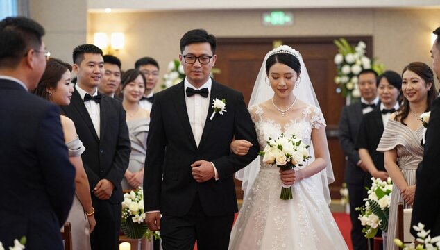 Elegant wedding couple walking down the aisle with guests in attendance at indoor ceremony