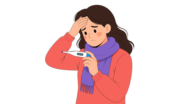 Woman checking thermometer with hand on forehead illustration