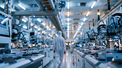 Fototapeta premium Wide shot of a bright advanced cleanroom production hall with an overhead automated transfer system running along the ceiling rows of processing tools a technician in a white