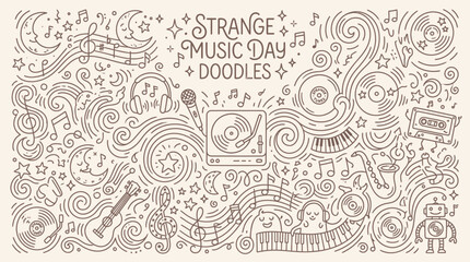 Collection of whimsical doodles celebrating Strange Music Day with musical instruments, notes, and celestial elements. © Bara