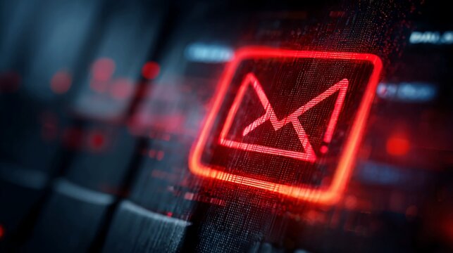 Urgent red email notification glowing on digital circuit board with cyber security concept, digital communication alert, and data breach warning.