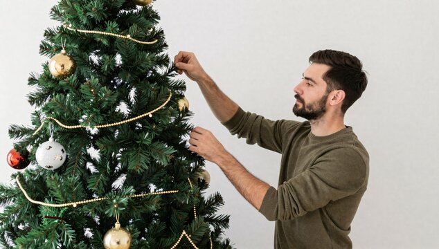 Young man decorates a christmas tree with ornaments and a golden garland