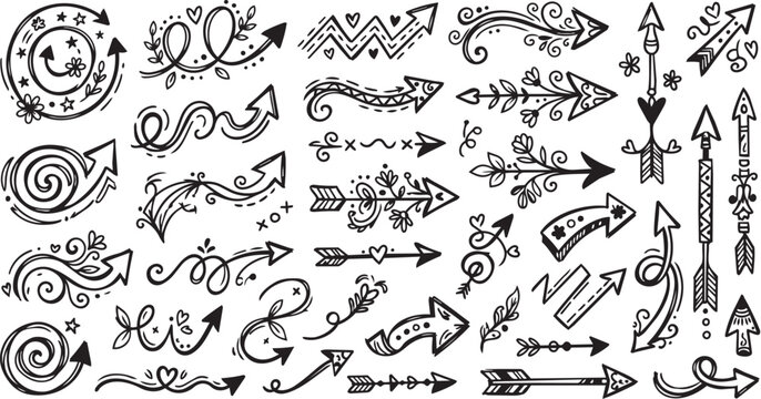 Collection of diverse, hand-drawn style arrow elements in black and white, featuring intricate swirls, geometric shapes, and decorative flourishes, perfect for navigation and