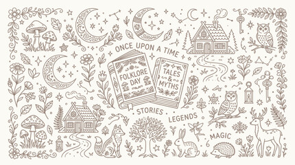 Fototapeta premium Whimsical Folklore and Fairytale Illustration with Enchanted Elements and Storytelling Symbols.