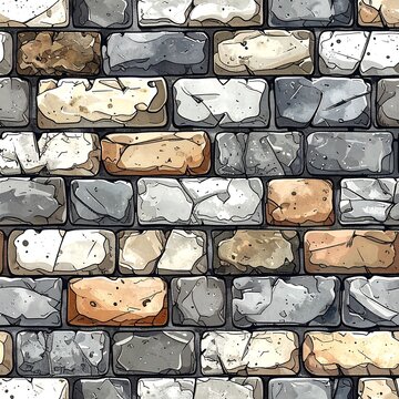 A digital illustration of a brick wall with varied gray, white, and brown bricks