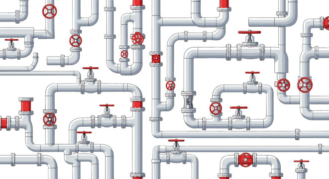 Intricate network of industrial metal pipes with various red valves is shown in a complex and repeating technical pattern design.