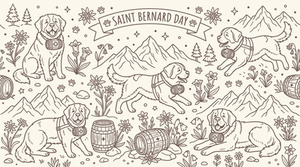 Obraz premium Saint Bernard Day Celebration with Dogs and Alpine Scenery in Line Art Style.