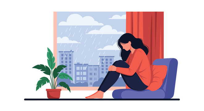 Sad and lonely young woman sits on a cushion by a large window while looking out at the city during a dark and rainy afternoon.