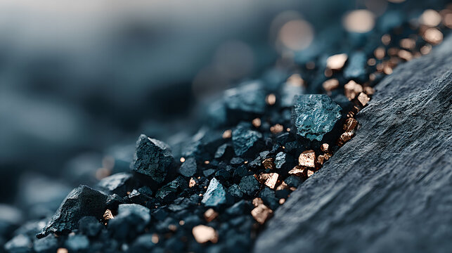 Close up of copper ore crystal clusters, growing on dark bedrock, displaying natural ore texture, emphasizing advanced energy storage materials and strategic mineral significance