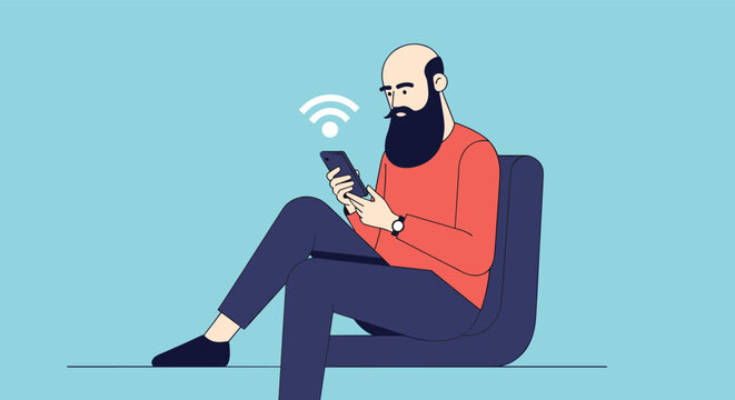 Bearded man sits on a chair while focusing on his smartphone with a wireless network signal icon floating above his head area.