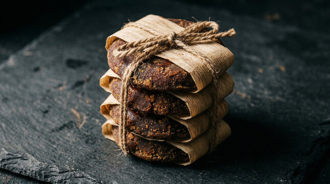 Palm sugar discs in local food packaging for ecommerce. Organic sweetener stack tied with rustic twine.