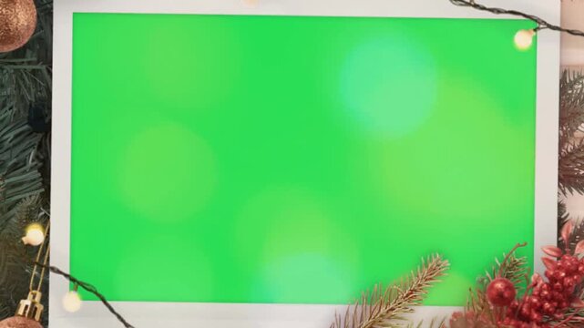 Realistic white Christmas frame with green screen.