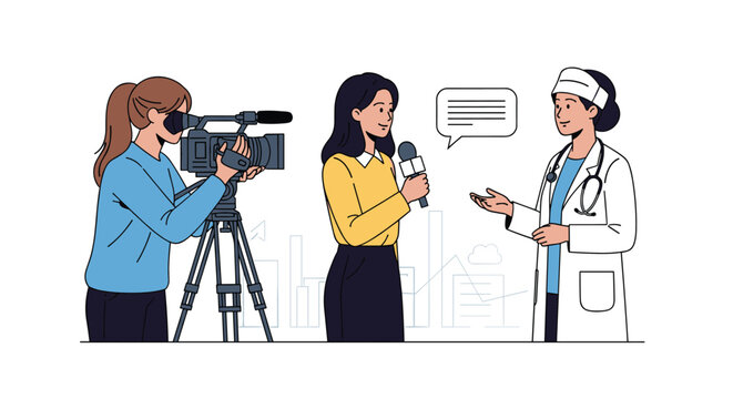 Professional female reporter interviews a doctor in a white lab coat while a camera operator films the scene for a news broadcast.
