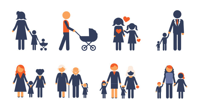 Collection of simple human pictograms represents different family configurations and parent child relationships in various colors.