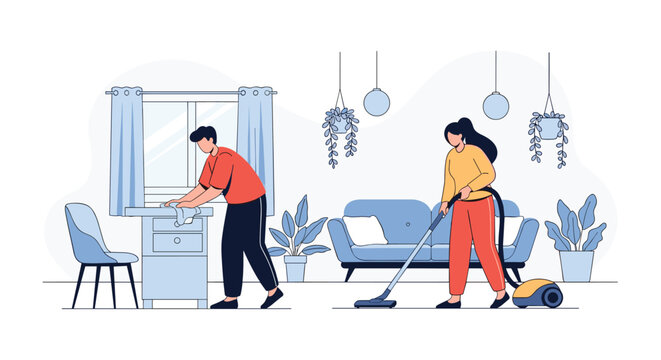 Couple works together to clean their modern living room by vacuuming the floor and wiping down furniture with a cleaning cloth.