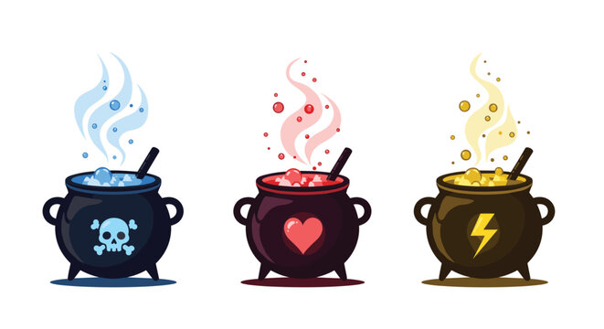 Three witch cauldrons brew different magical potions labeled with skull, heart, and lightning bolt symbols for fantasy themes.
