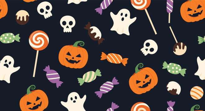 Halloween pattern features pumpkins, ghosts, skulls, and candy on dark background, creating festive and spooky atmosphere for seasonal celebrations.