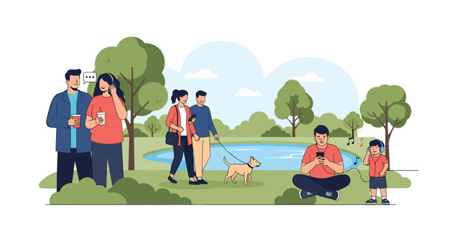 Diverse group of people enjoying leisure time in sunny city park, walking dog, talking, and using digital devices near quiet blue pond area.