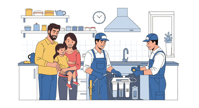 Two professional plumbers repair a water filter under a kitchen sink while a happy family with a small child looks on.
