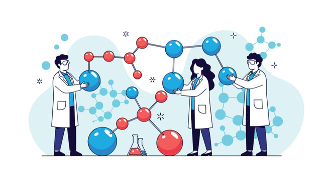 Group of professional scientists in white lab coats working together to construct a large complex molecular structure model.