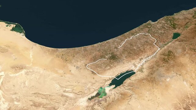 Palestine map territory highlighted with red overlay on digital satellite background