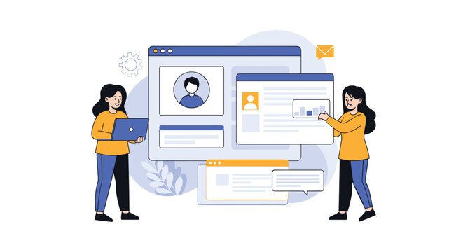 Two women working together to manage digital website interfaces, user profiles, and colorful data charts on a screen.