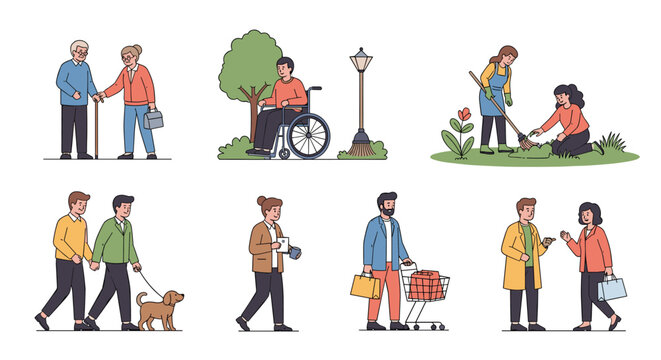 Diverse set of people helping each other including gardening, walking a dog, and assisting a person in a manual wheelchair.