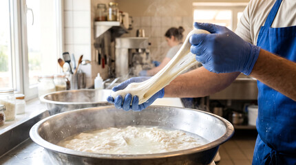 Fototapeta premium Artisan cheesemaker hands in blue gloves stretching hot fresh mozzarella cheese over a metal bowl in a dairy workshop kitchen creamery production process