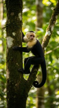 White Faced Capuchin Monkey Climbing Mossy Tree in Tropical Rainforest