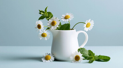 White pitcher with fresh daisies and mint leaves © Igor