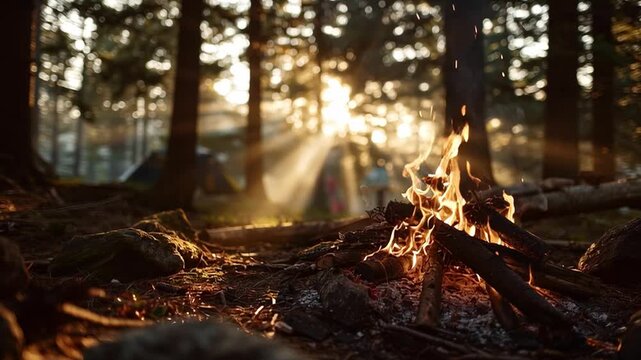 Cozy Campfire Surrounded by Colorful Autumn Trees at Sunset in the Forest Generative AI