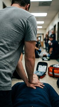 CPR training session in progress with instructor demonstrating chest compressions on a dummy.