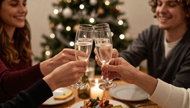 People celebrate together at a holiday dinner with a champagne toast in a warm atmosphere