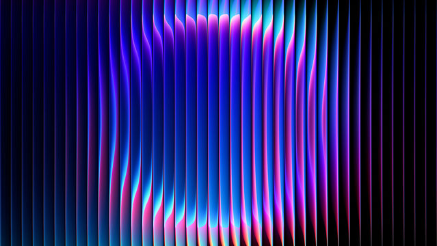 Fractal glass texture with soft circular neon gradient glowing through translucent vertical ribs. Futuristic reeded glass surface with luminous circular gradient for creative visual project. 3d render