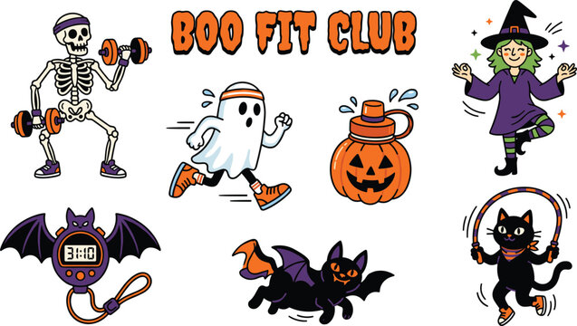 Cute Halloween fitness ghost skeleton workout cartoon vector set