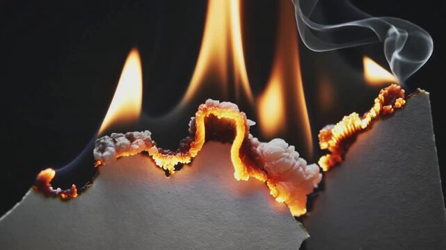 Paper burning macro: intense flames, smoke, and charred edges burning paper fire