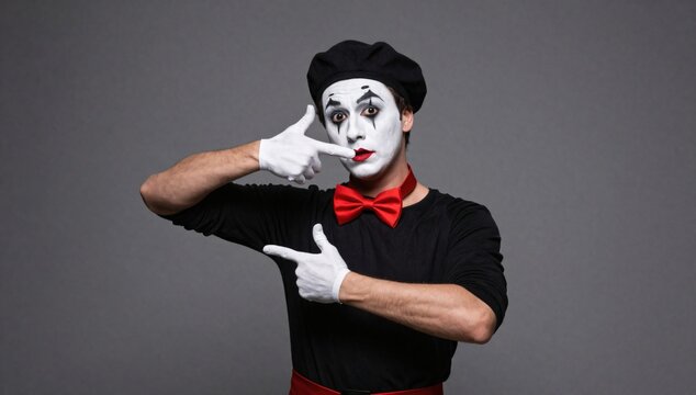 Mime artist in white face paint holds finger to lips in silent gesture
