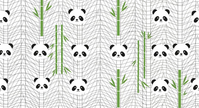 Cute Panda Faces Pattern with Bamboo Stalks - Adorable Animal Illustration