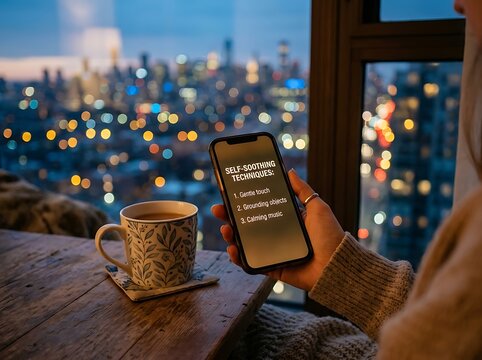 Person holding smartphone with self-care checklist, city lights in background, cozy evening scene.