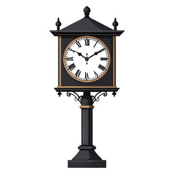 A digital illustration of a classic black clock tower with gold accents on a white background