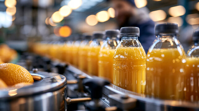 Orange juice bottling line with rows of bottles being filled and capped at a bright beverage factory selective focus on the golden liquid and stainless steel carousel bottling