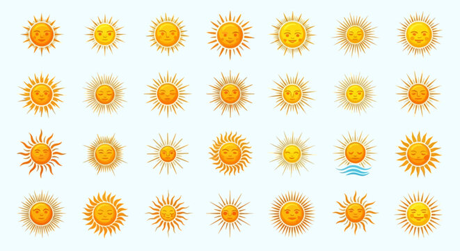A collection of various stylized sun icons with different facial expressions