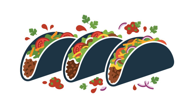 Three delicious tacos with dark shells and fresh ingredients on a white background.