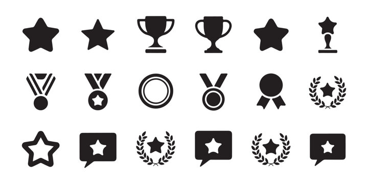 Stars trophy medal ring ribbon laurel wreath chat bubble icons for achievement recognition and success.