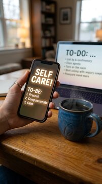 Self Care To Do List On Phone Screen With Laptop And Coffee Mug.