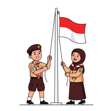 Children Scout Indonesian Play Flag