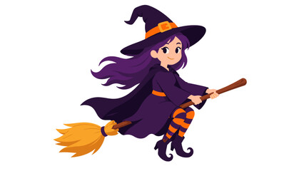 Fototapeta premium Cute witch girl flying on a broom in cartoon vector style