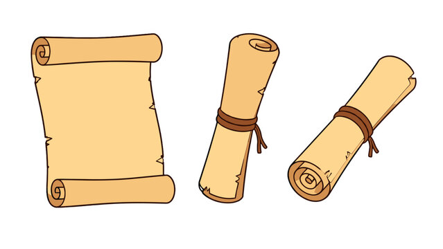 Set of old parchment scrolls with rolled paper and cord